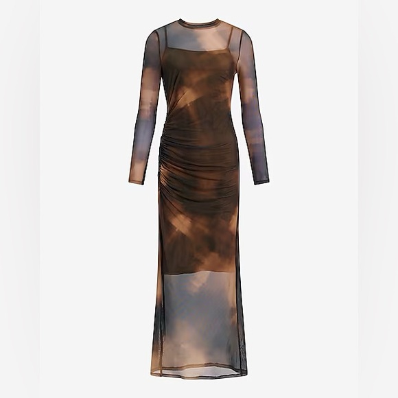 Sheer Mesh Long Sleeve Ruched Maxi Dress Neutral Brown Women’s Express Size XS - Picture 1 of 13